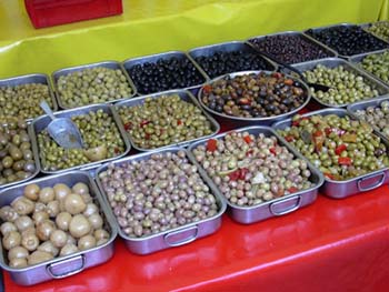 Many kinds of olives at the market at St. Germaine.