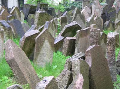 Ancient tombstones in the cemetery in the Jewish Quarter in Prague