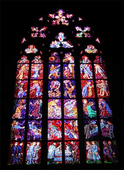 One of the beautiful stained glass windows at the Cathedral of St. Vitus