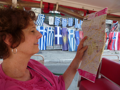 Carol checks the map on the Athens Happy Train