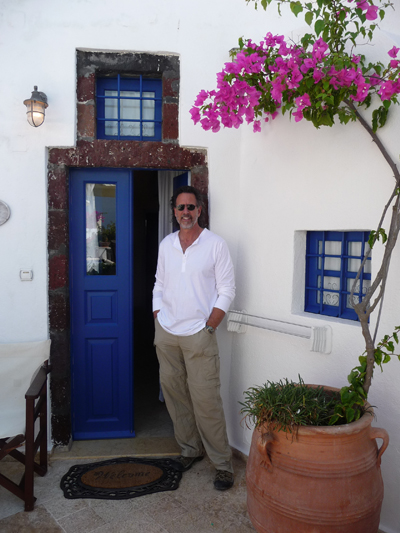 David at the entrance to our cave house at Lithes Traditional Homes on Santorini