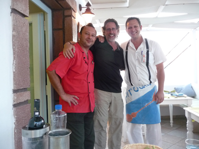 David with the brothers at Restaurant Pirouni on Santorini