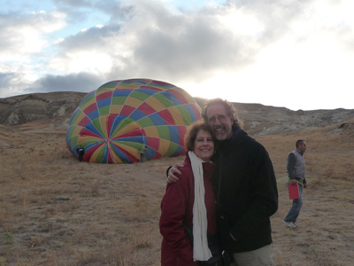 Getting ready to board our hot-air balloon on a cold morning in Cappadocia, Turkey