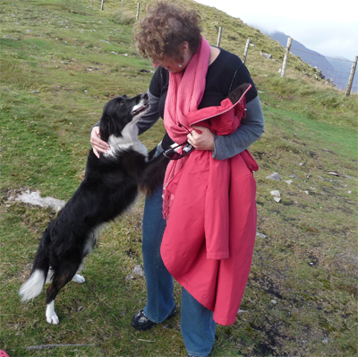 Carol makes a new friend at the top of the Conor Pass near Dingle