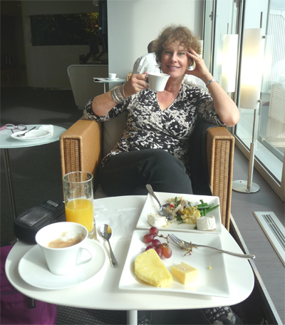 Carol enjoys breakast in the Continental Lounge at Heathrow