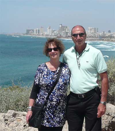 Carol and Shlomo in Jaffa with Tel Aviv in the background
