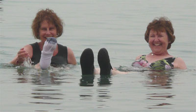 Carol and Susan floating in the Dead Sea