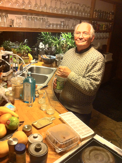 Bruce in his kitchen on Pole Bridge Road, mixing up his special Gin and Tonics for the three of us
